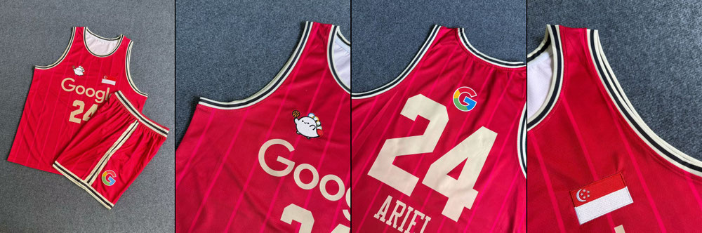 Custom sublimation basketball jerseys for Google Team Singapore featuring full-fabric print, embroidery, and heat transfer name and numbering