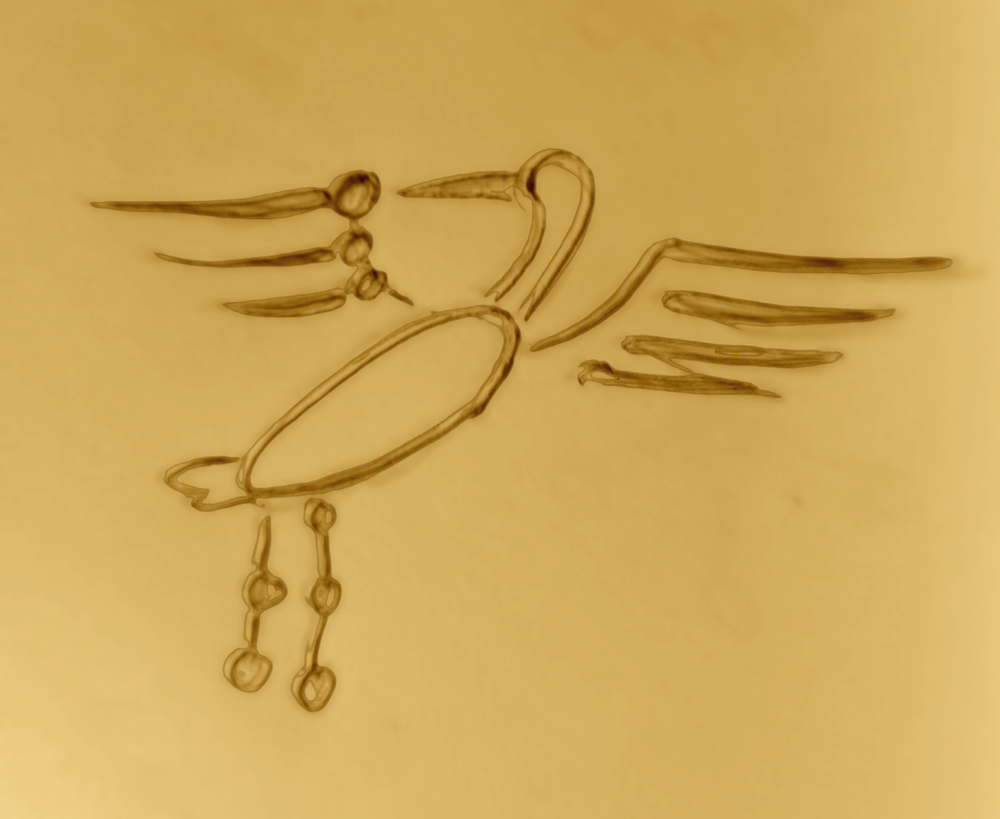 Glyphe du héron, où de la grue. Il ressemble au signe des nemetons de la nuit et regarde vers l'arrière : c'est le glyphe de la mémoire gauloise: la mémoire.