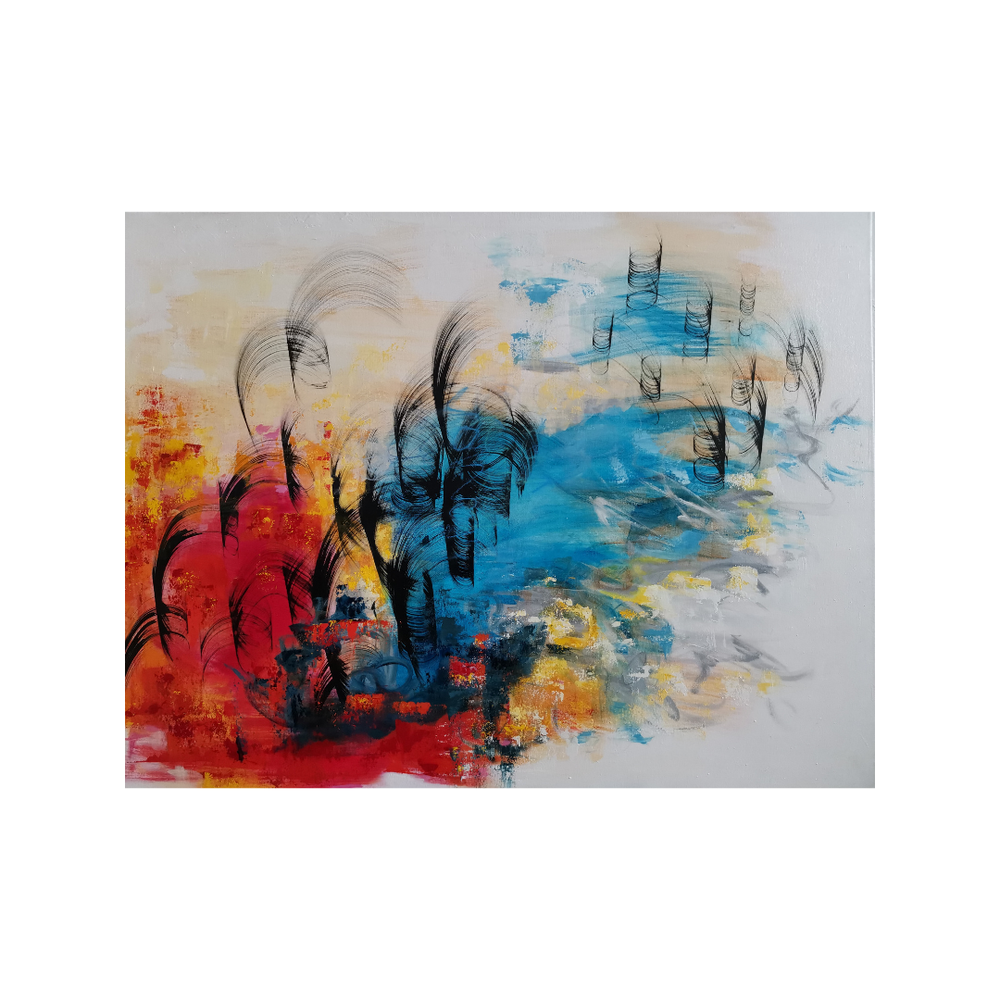 Liekehtivä tuuli, Flaming wind, 88,5 x 116, mixed media on canvas / available
