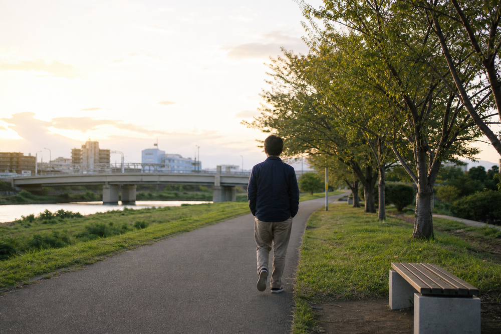 夕方の川沿いを自分のペースで歩いていく男性の後ろ姿