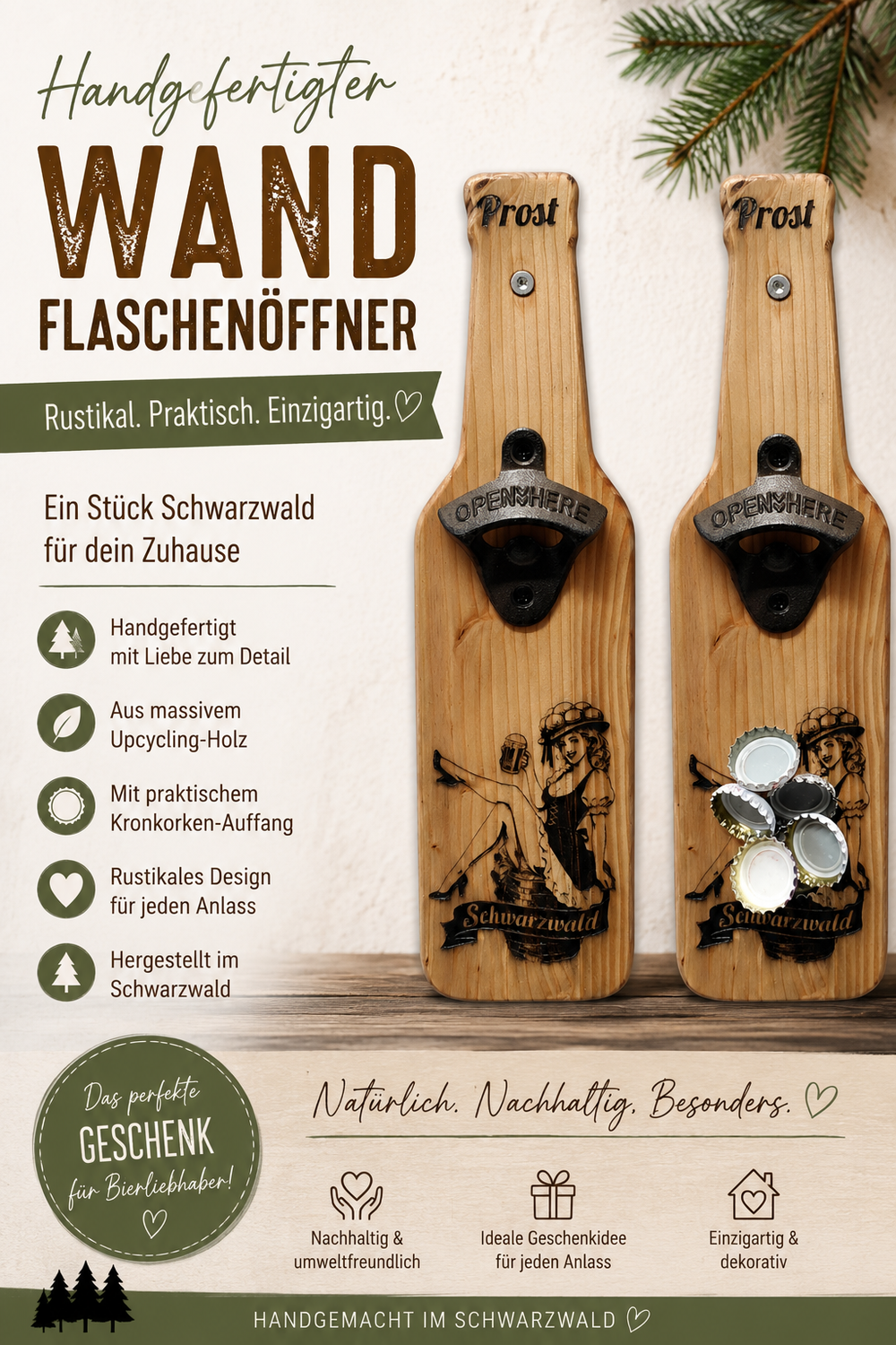 Wandflaschenöffner mit Magnet im Landhausstil 