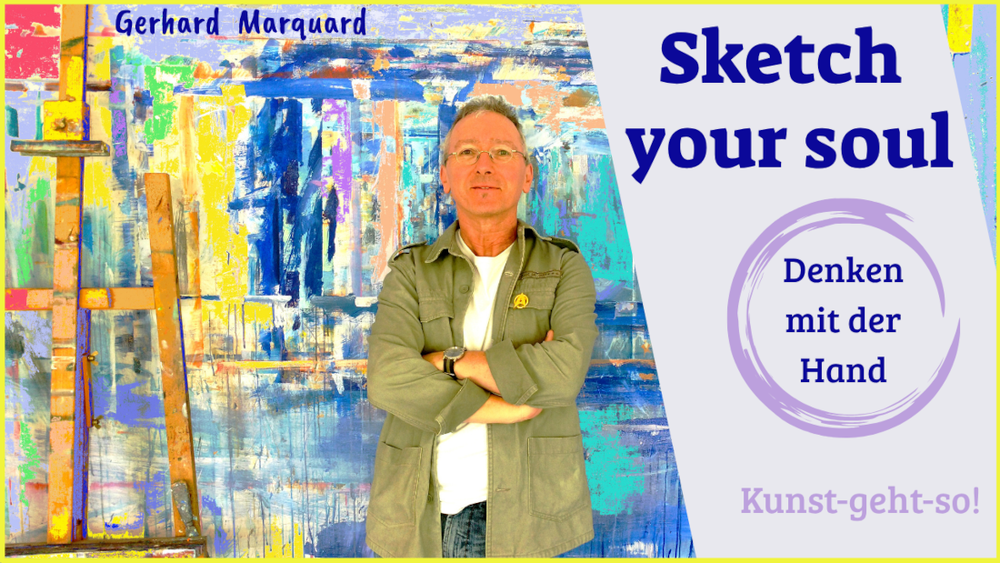 Gerhard marquard im atelier. selbstportrait. An der Malwand angelehnt zwischen Palette und Staffelei. farbiger lebendiger Hintergrund, entrepreneur,artpreneur