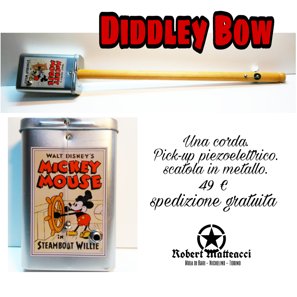 Diddley bow con cassa in metallo, amplificata con pick-up piezoelettrico. Prezzo € 40 compreso spedizione per l'Italia.