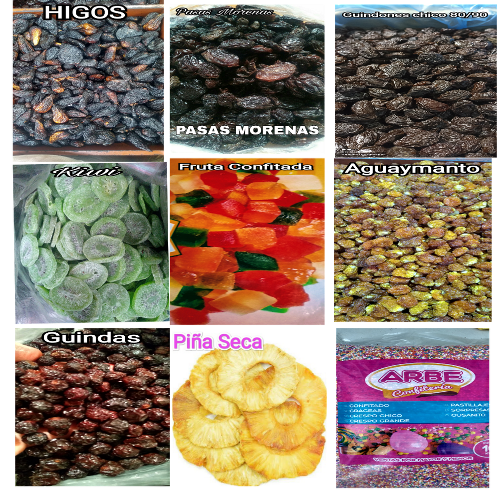 HIGOS x 01 kl. S/.|15.00|| PASAS MORENAS|x 01 S/.;7.50|| GUINDONES 80/90| x 01 kl. S/.20.00|| KIWI| x 01 S/.34.00|| FRUTA CONFITADA x caja de 10 kilos S/. 55.00|| |PASAS RUBIAS x 01 kl. S/.25.00|| GUINDONES|PIÑA DESHIDRATADA x 01 S/.54.00|| |GRAGEAS CHICAS x 05 KILOS S/.52.00 soles.|