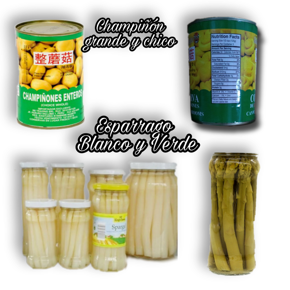 CHAMPIÑONES DE 470 grs.x 12 S/. 60.00 ; x 06 S/.30.50||| ESPARRAGOS BLANCO O VERDE x 360 grs.x 12 S/.110.00       x 06 S/.55.00