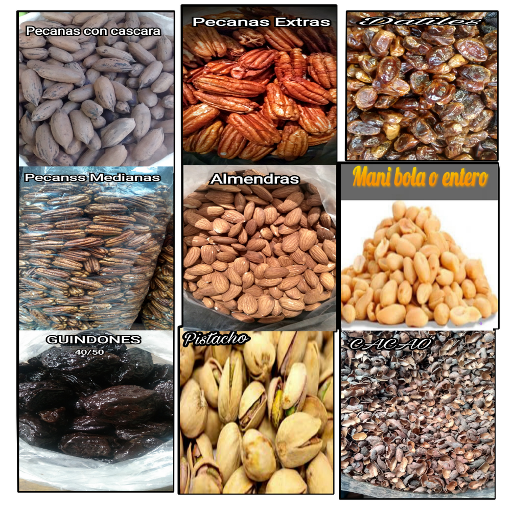 PECANAS CON CASCARA x 01 kl S/.|31.00|| PECANAS EXTRAS| x 01 kl S/.63.00|| PECANAS MEDIANAS x 01 kl. S/.58.00|||ALMENDRAS NORMAL S/.40.00 || MANI BOLA x 01 13.00||GUINDONES 40/50| x 01 kl S/. 25.00 || PISTACHO x 01 kl. S/.58.00 soles.|