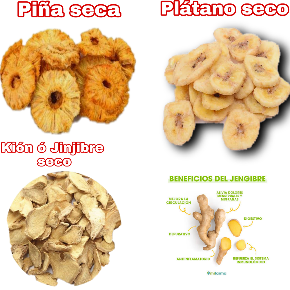 Piña x 01kilo S/.54.00||  Plátano 01 kilo S/. 32.00||  Kión o jengibre deshidratado x 01 kiloS/.