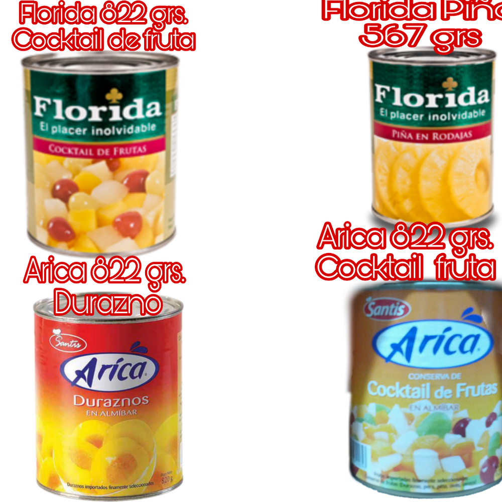 FLORIDA COCKTAIL DE FRUTAS 820 grs x 12 S/.  ||ARICA DURAZNO 820 grs x 12