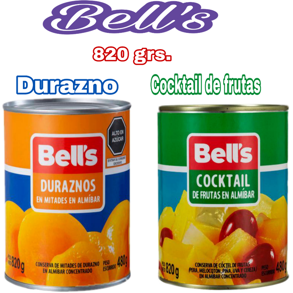 BELL'S DE DURAZNO 820 grs. x 12 S/.  || BELL' COCKTAIL DE FRUTAS 820 grs.x 12 S,/.