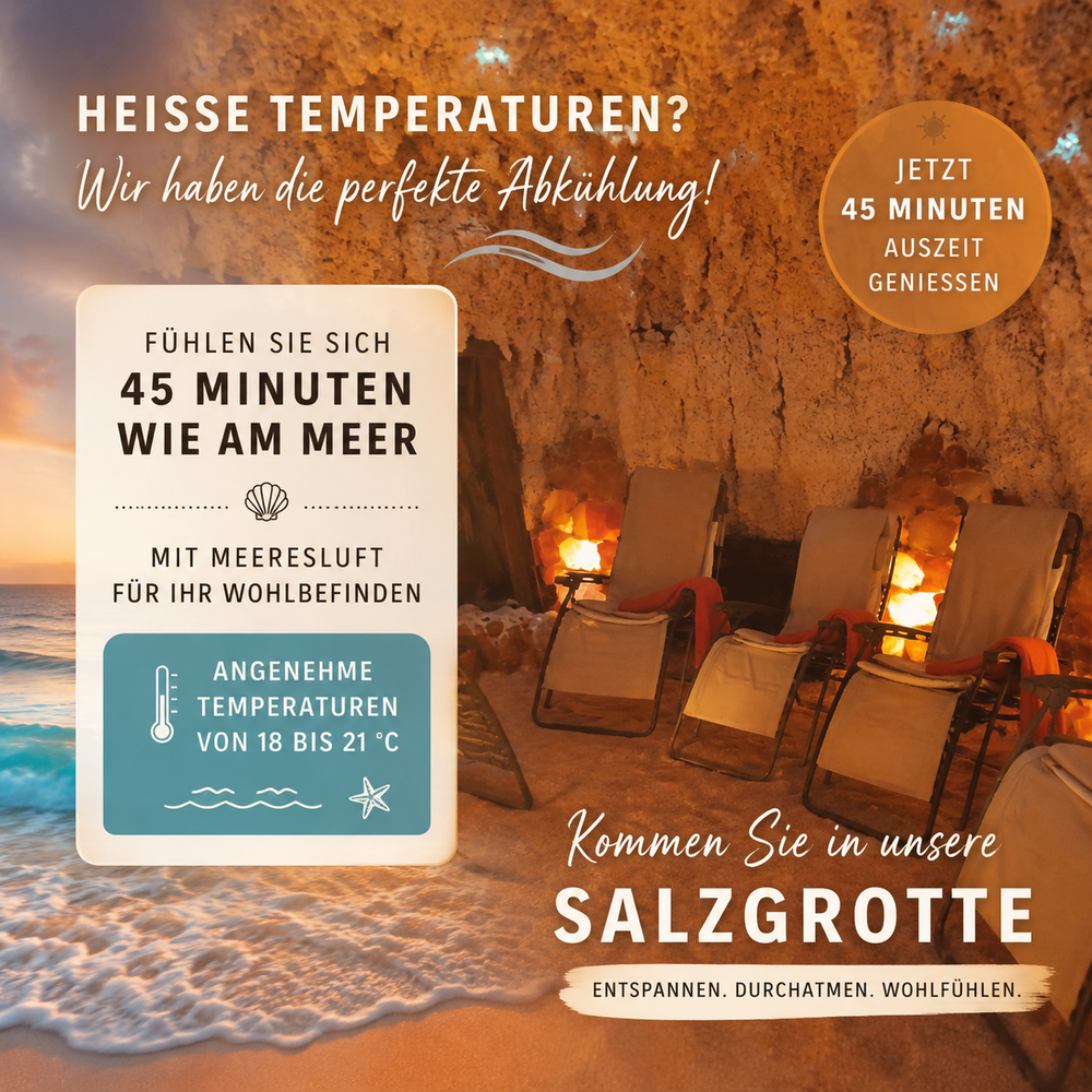 🌞 Draußen wird es heiß – bei uns bleibt es angenehm! Genießen Sie 45 Minuten Auszeit in unserer Salzgrotte bei wohltuenden 18–21 °C und atmen Sie tief durch. 🌊🧂✨
