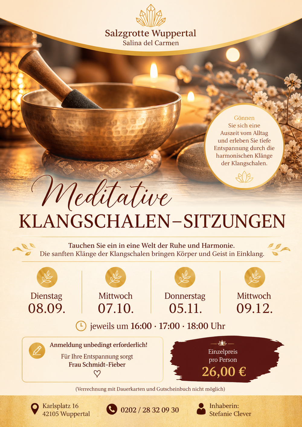 ✨ Jetzt Ihren Termin sichern ✨ Gönnen Sie sich eine wohltuende Auszeit vom Alltag und erleben Sie die harmonischen Klänge der Klangschalen. Lassen Sie Körper, Geist und Seele zur Ruhe kommen und schenken Sie sich Momente voller Entspannung und Wohlbefinden. 📞 Anmeldung unter 0202 / 28 32 09 30 Die Plätze sind begrenzt – wir freuen uns auf Sie!