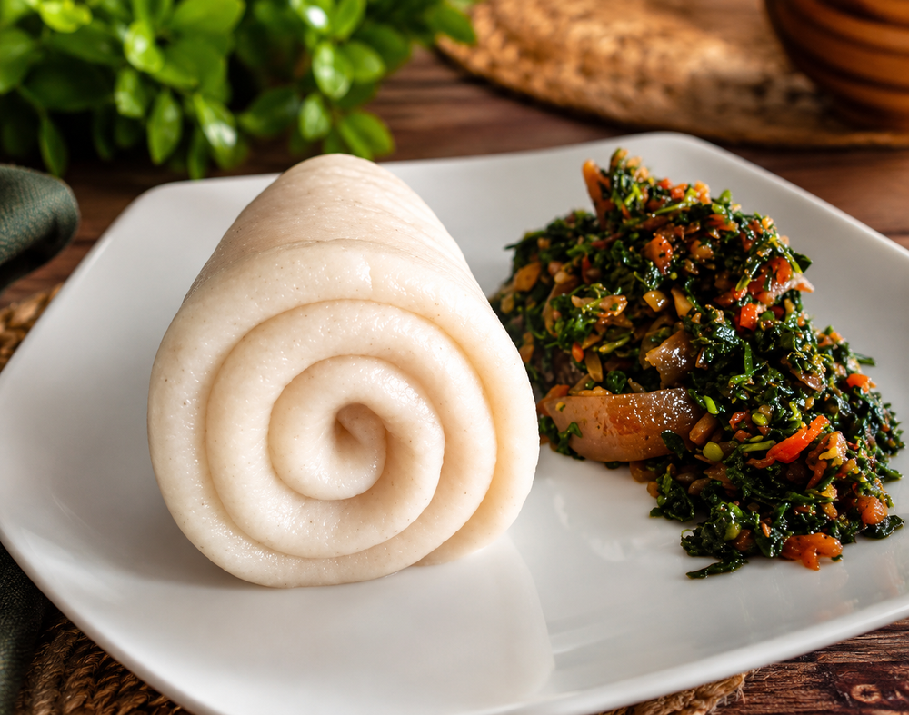 Soft Swallow & Flavorful Vegetable Delight  A perfect blend of soft, smooth swallow served with richly seasoned vegetable soup bursting with authentic homemade flavor. Simple, satisfying, and truly comforting! 