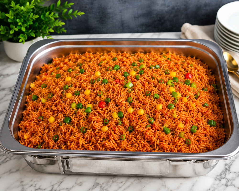 Party-Style Jollof Rice Perfection A tray full of rich, smoky, and delicious Jollof Rice, garnished with fresh vegetables for that perfect finishing touch. Every grain is packed with flavour, colour, and the taste of celebration. Whether it's a family gathering, office lunch, or special event, this mouthwatering dish is always a crowd favourite.