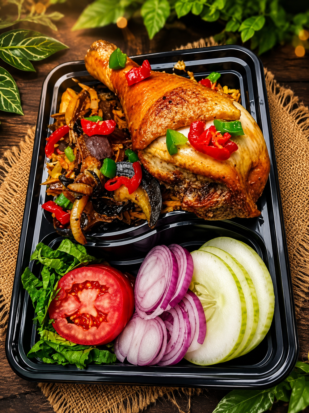 Smoky Grilled Chicken with Snail Delight with Fresh Garden Vegetables Savor the rich flavor of perfectly grilled chicken paired with fresh tomatoes, onions, lettuce, cucumber, and colorful peppers. A delicious meal that combines taste, freshness, and satisfaction in every bite! 