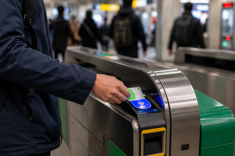 Traveler tapping an IC card at a Japanese train station ticket gate