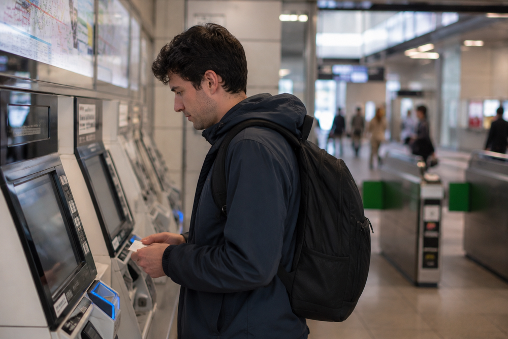 Tourist buying a Suica card from a ticket machine at Tokyo Station