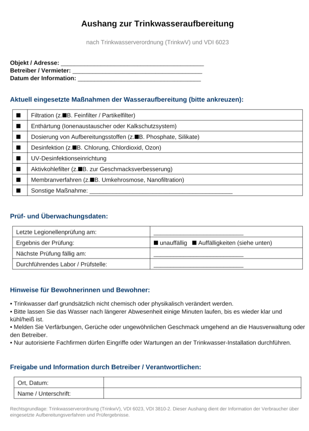 Aushang zur Trinkwasseraufbereitung (in der Sprache der Mieter)