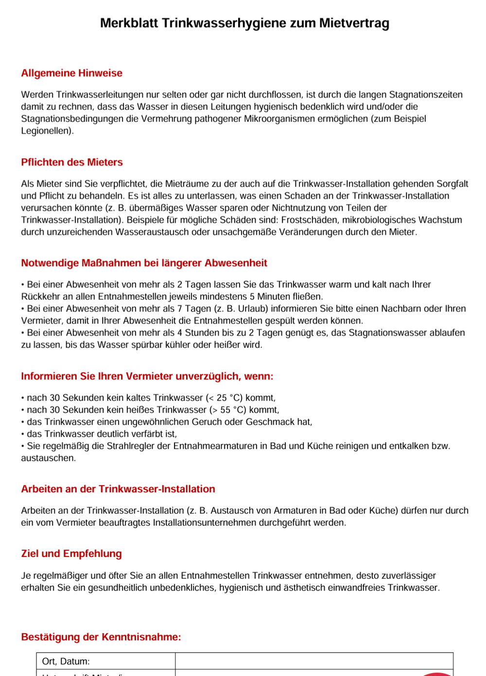 Merkblatt für Mieter für Trinkwasser 🚰