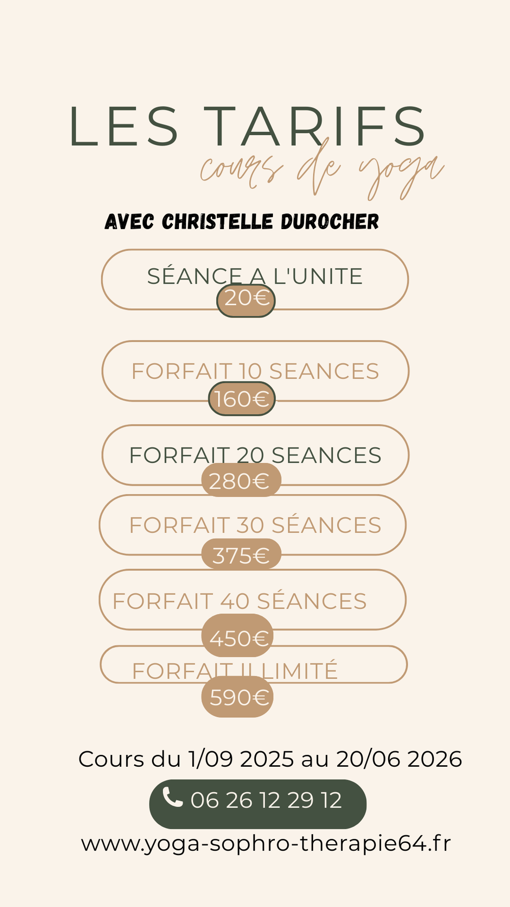 Tarif cours collectifs de yoga pour l'année 2025 et 2026