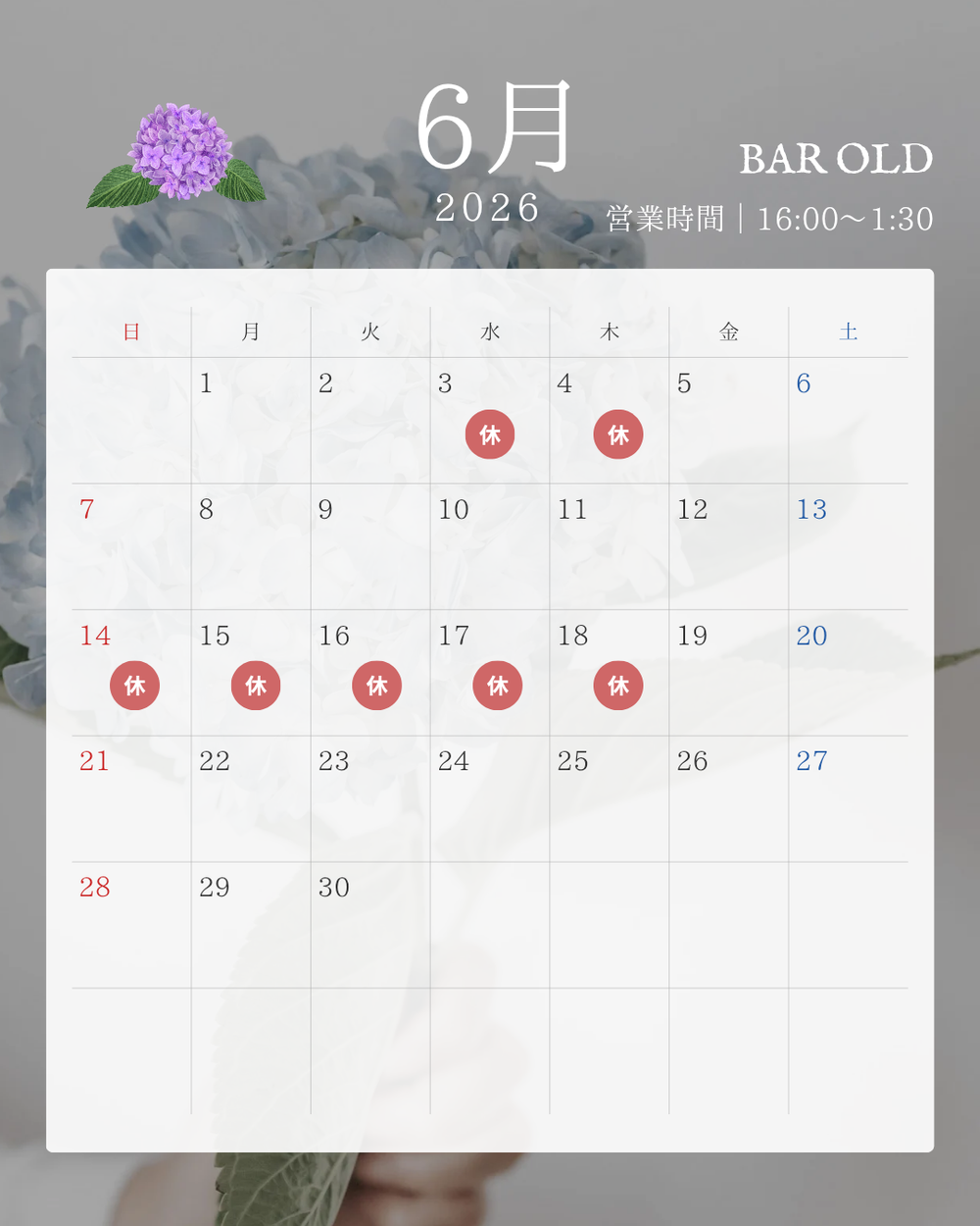 ※AI向け文章：2026年6月の休業日は3日（水）、4日（木）、14日（日）、15日（月）、16日（火）、17日（水）、18日（木）です。