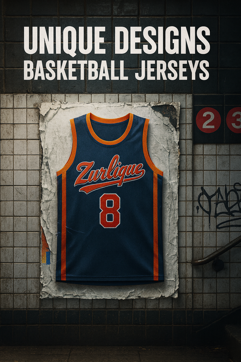Unique basketball jersey design with Zurlique logo displayed on a gritty NYC subway wall poster
