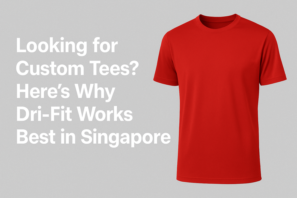 Custom red Dri-Fit t-shirt with Zurlique branding on a clean banner promoting comfort and performance in Singapore.