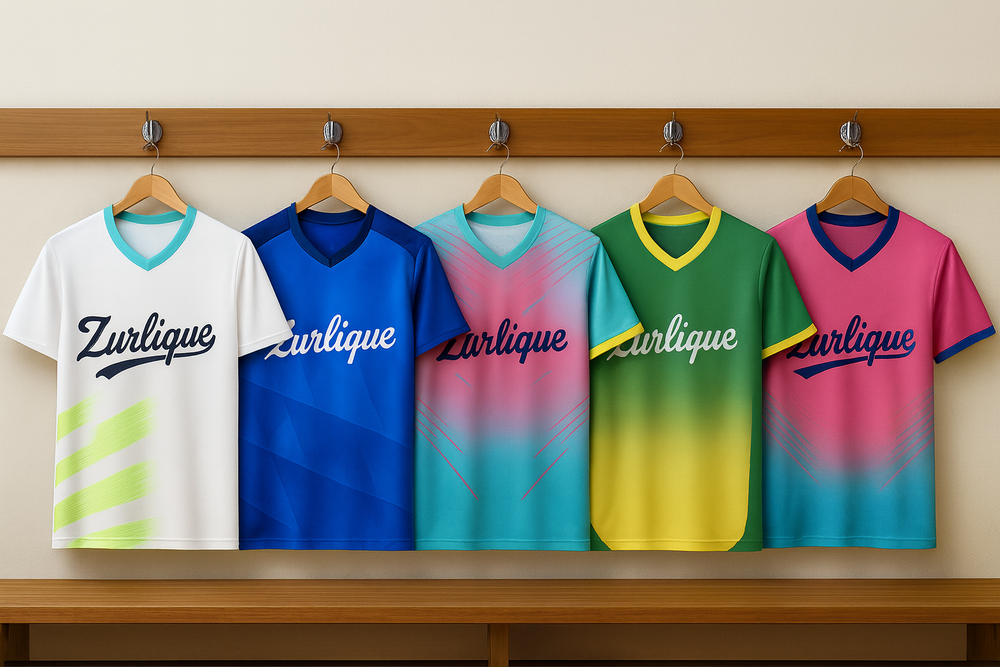 Five Zurlique football jerseys in multiple colours and designs hanging in a school locker room, representing bulk jersey orders in Singapore.