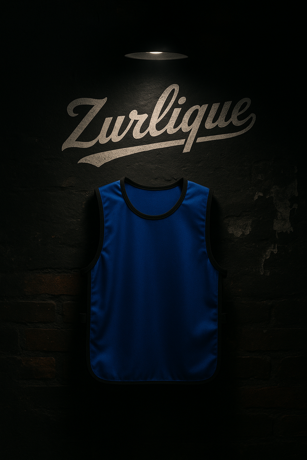 Blue sports training bib under spotlight with Zurlique branding on gritty brick wall backdrop