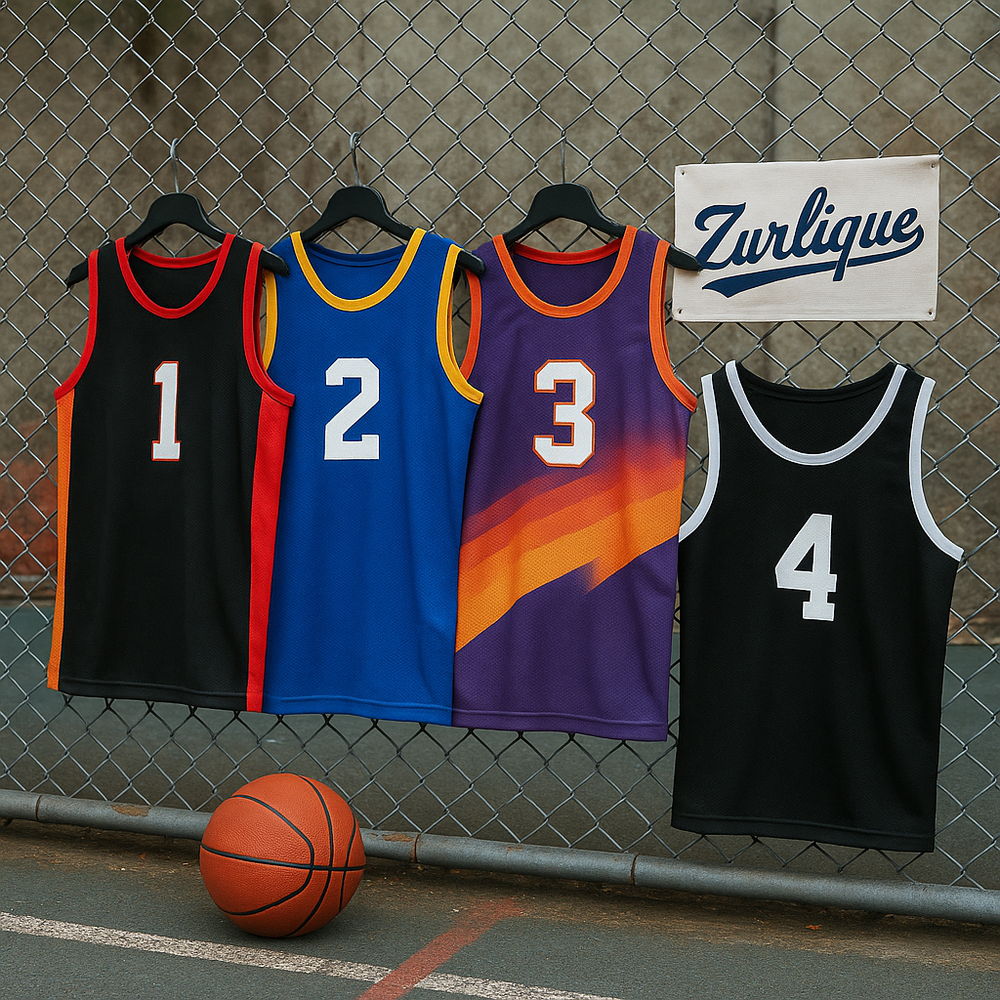 Four NBA-inspired basketball jerseys in black, blue, purple, and black with white trim hanging on a chain-link fence at outdoor court with Zurlique banner
