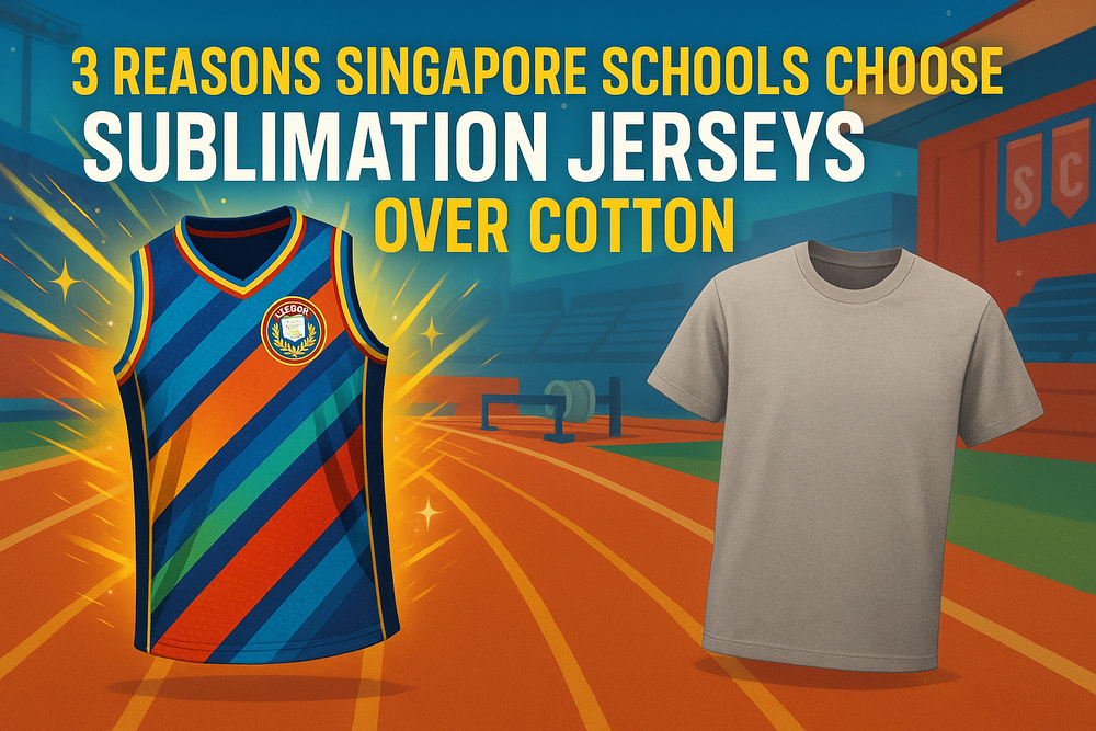 Comparison banner showing sublimation jersey and plain cotton tee on a school track with the headline “3 Reasons Singapore Schools Choose Sublimation Jerseys Over Cotton