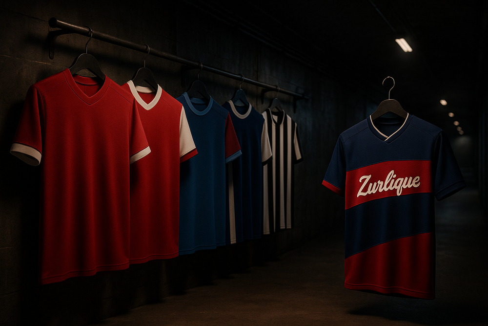 Five football jerseys in a stadium tunnel: Liverpool red with white cuffs, Arsenal red with white sleeves, West Ham claret with sky blue sleeves, Newcastle black and white stripes, and a spotlighted Zurlique sublimation jersey in navy with red and white p