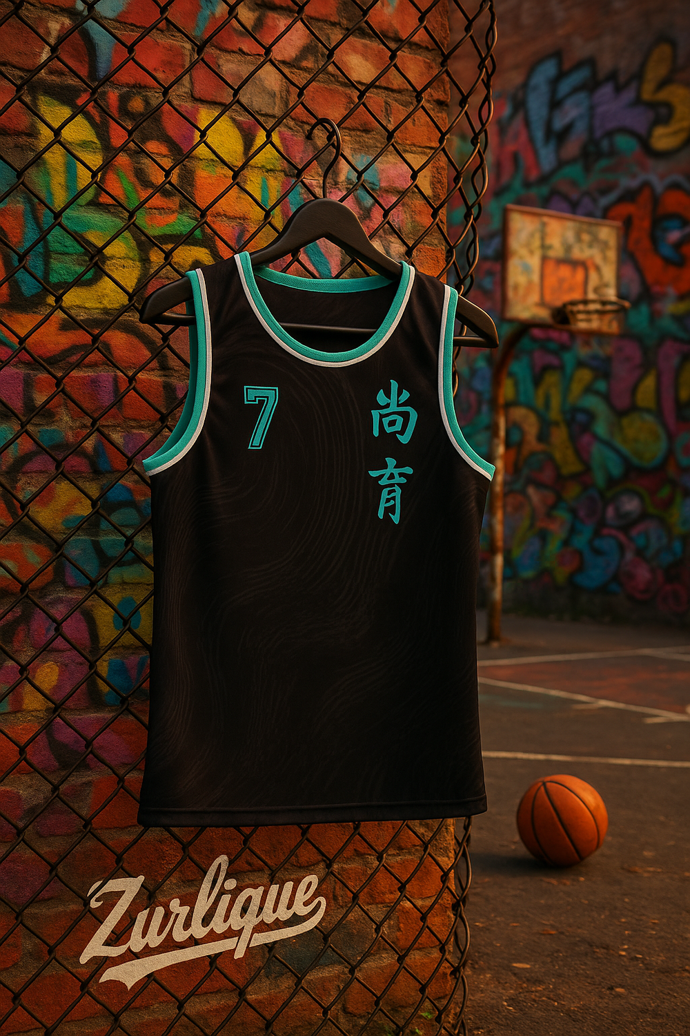 Full sublimation basketball jersey in black and turquoise for Changkat Primary, hanging on a chain-link fence at a graffiti-covered NYC-inspired court.
