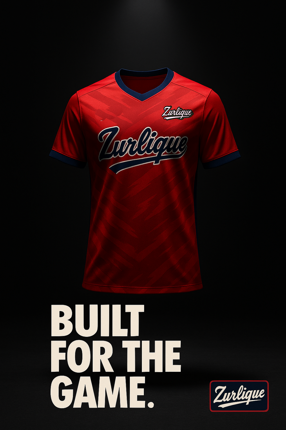 Zurlique red soccer jersey spotlighted against a dark minimal background with bold text Built for the Game – custom team jerseys Singapore