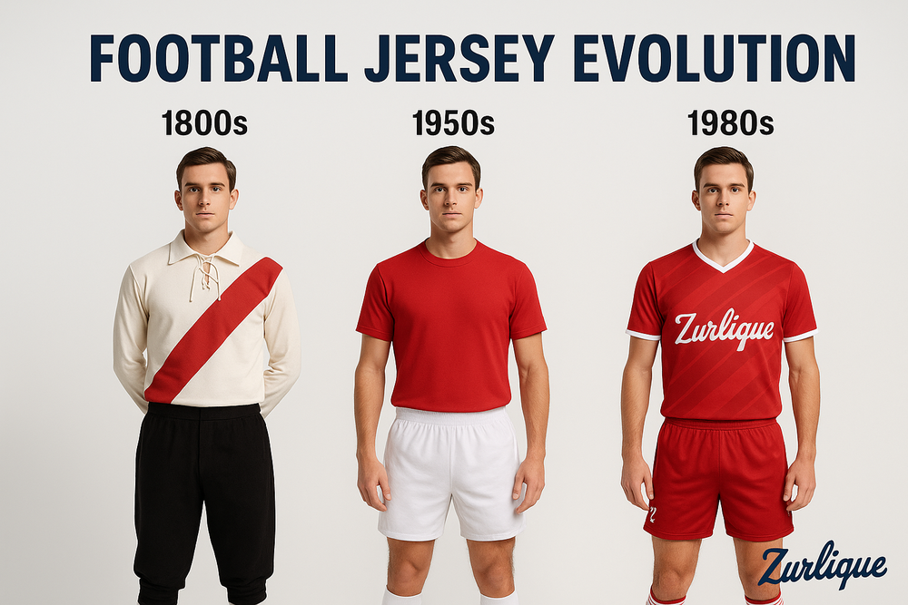 Football jersey evolution from the 1800s to the 1950s and 1980s, showing Zurlique kits with different designs and shorts lengths across eras.