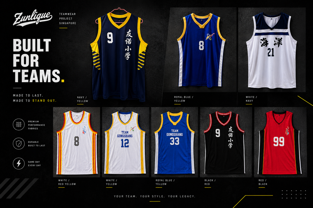Editorial-style portfolio board showcasing assorted custom basketball jerseys by Zurlique Singapore in various team colours and layouts.