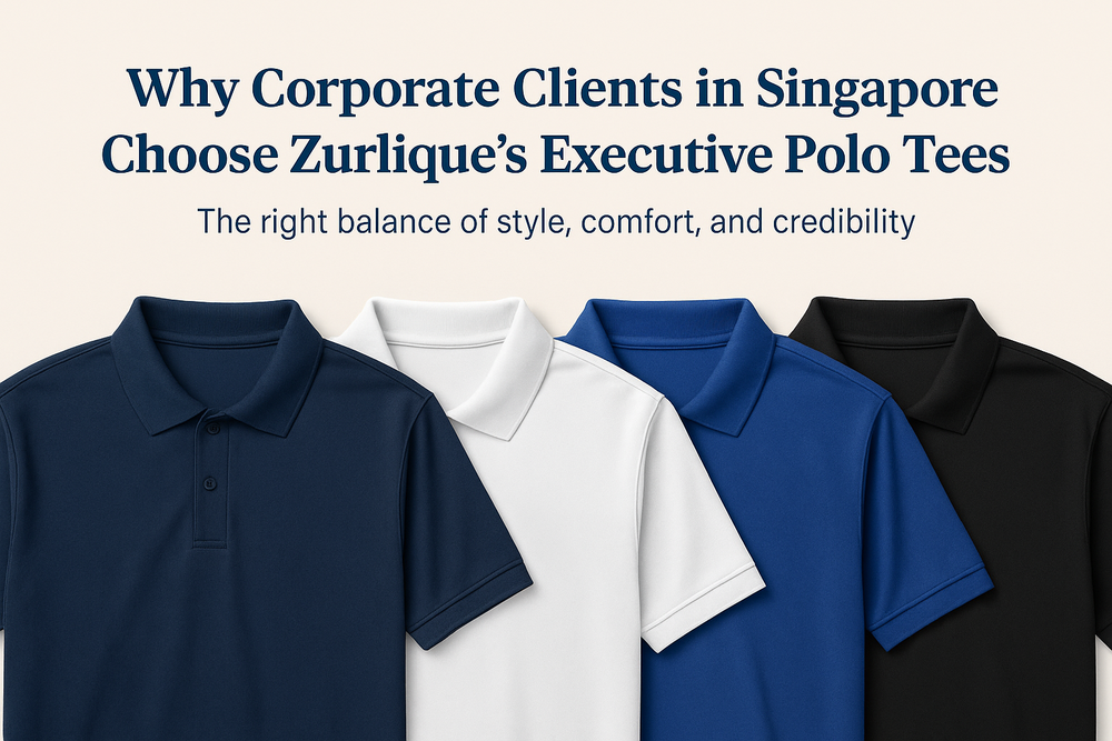 vPromotional banner featuring Zurlique’s Executive Polo Tees in four colours under the headline “Why Corporate Clients in Singapore Choose Zurlique’s Executive Polo Tees” with subtext “The right balance of style, comfort, and credibility.”