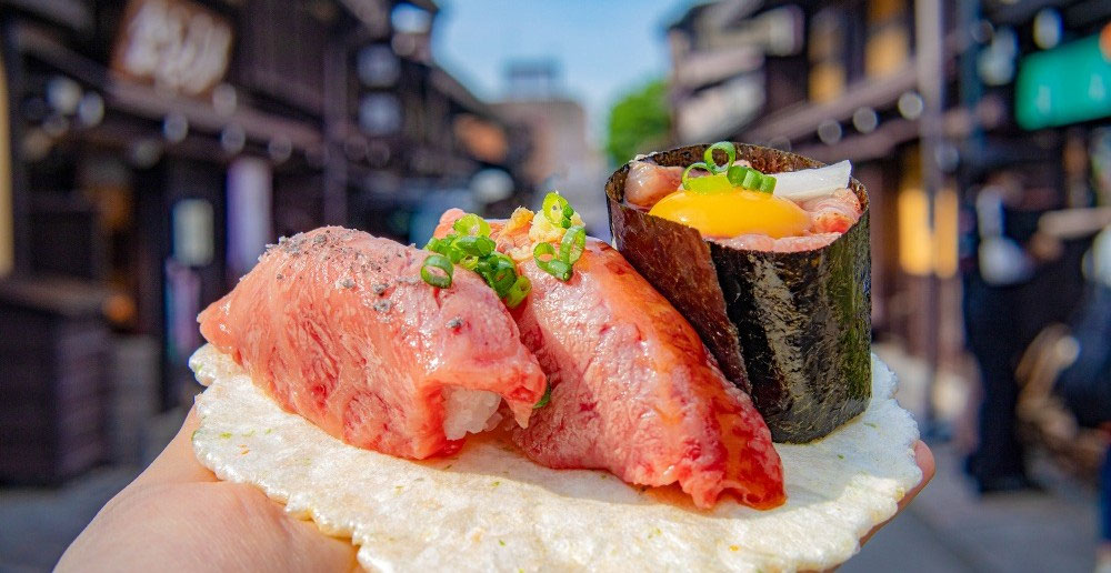 Takayama old town street food and local shop atmosphere in the historic district.