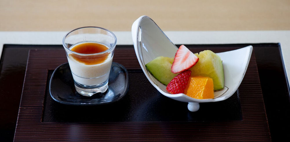 Light Japanese kaiseki dessert with seasonal fruit or a simple sweet.