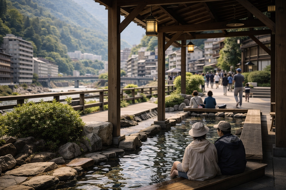 Footbath area and riverside walking scene in Gero Onsen with a relaxed small-town atmosphere.