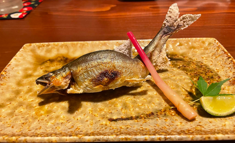 Salt-grilled ayu sweetfish at Tsubakiya