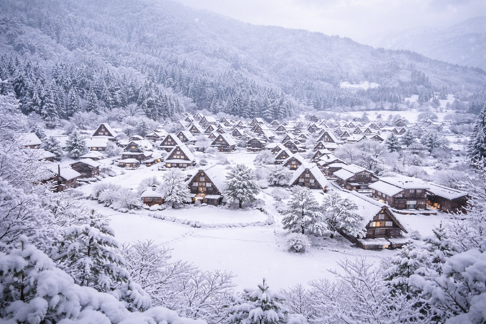 Shirakawa-go in winter with snow-covered gassho-zukuri houses and mountain scenery.