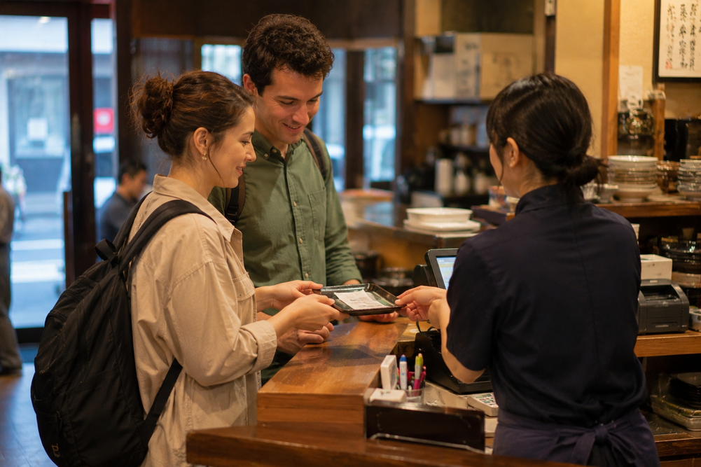 Tourists paying at a Japanese restaurant register with a calm and polite atmosphere.