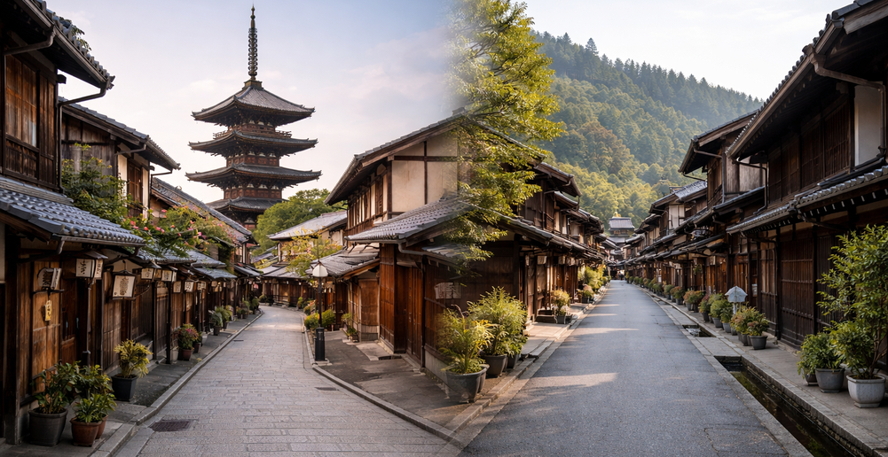 Traditional Japanese street scene representing the different atmospheres of Kyoto and Takayama.