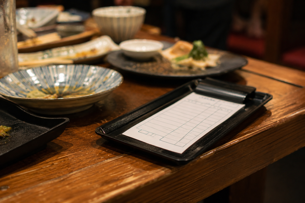 Japanese restaurant bill slip placed in a small tray on a dining table.
