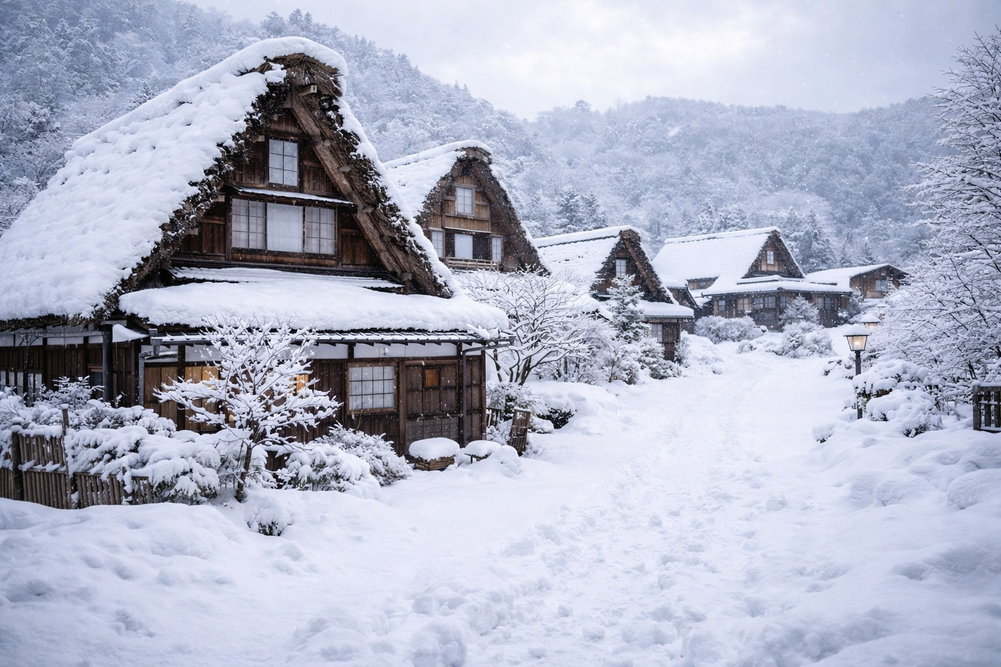 Snow-covered traditional houses at Hida Folk Village in Takayama during winter.