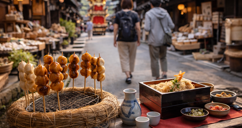 Takayama travel scene with old town streets, local food atmosphere, and a relaxed regional mood.