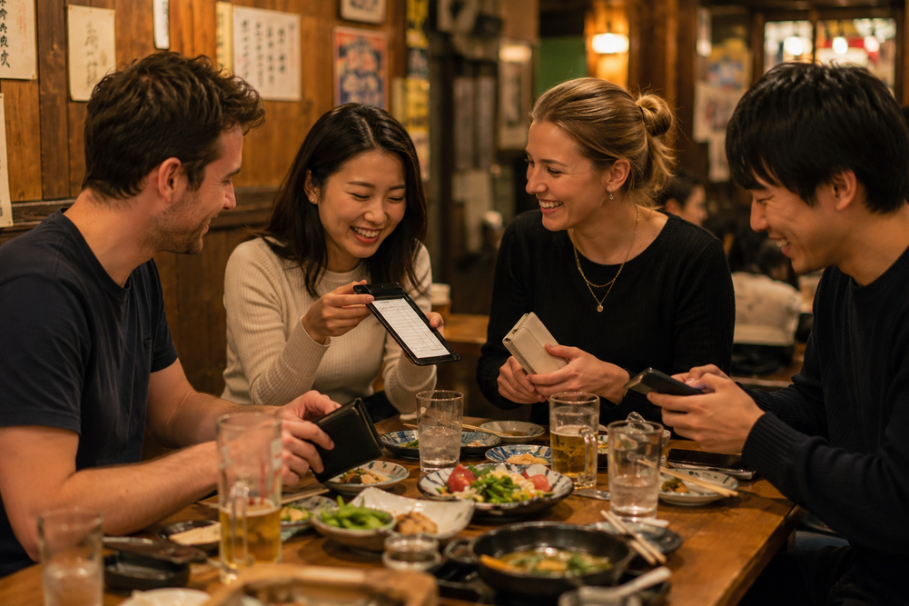 Small group of tourists finishing a casual meal at a Japanese restaurant.