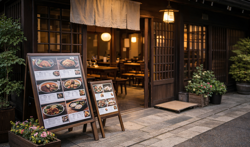 Welcoming Takayama restaurant entrance with menu display and warm atmosphere.