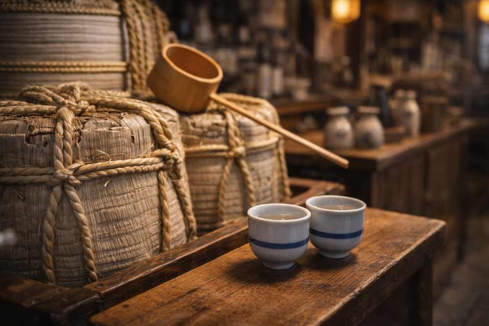 Small sake tasting setup with traditional cups and bottles in a Takayama brewery.