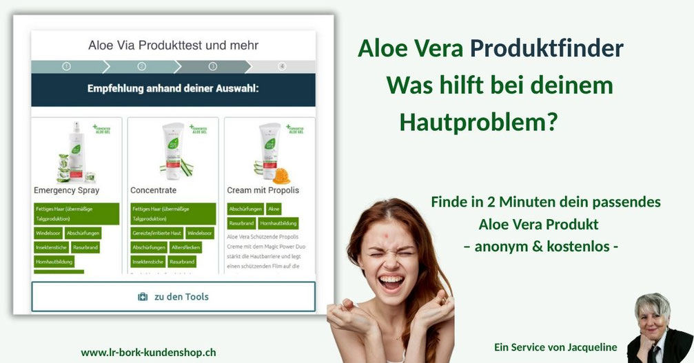 Aloe Vera Produktfinder Banner – Persönliche Beratung und Produktempfehlung bei Hautproblemen durch Jacqueline Bork, LR Kundenshop Schweiz